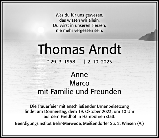 Traueranzeige von Thomas Arndt von Cellesche Zeitung