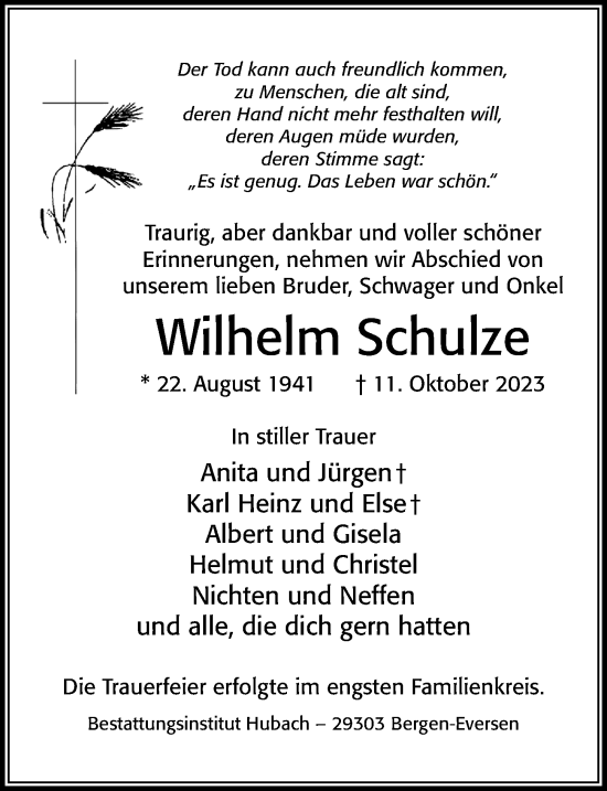 Traueranzeige von Wilhelm Schulze von Cellesche Zeitung