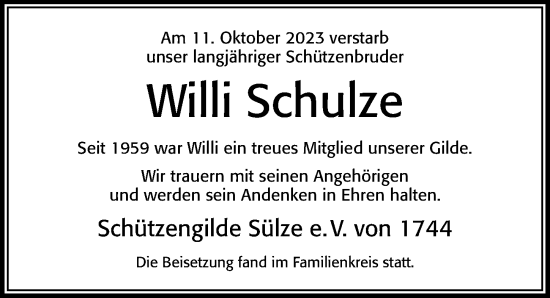 Traueranzeige von Willi Schulze von Cellesche Zeitung
