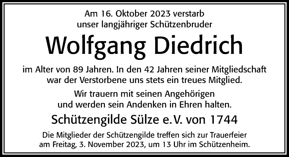  Traueranzeige für Wolfgang Diedrich vom 28.10.2023 aus Cellesche Zeitung