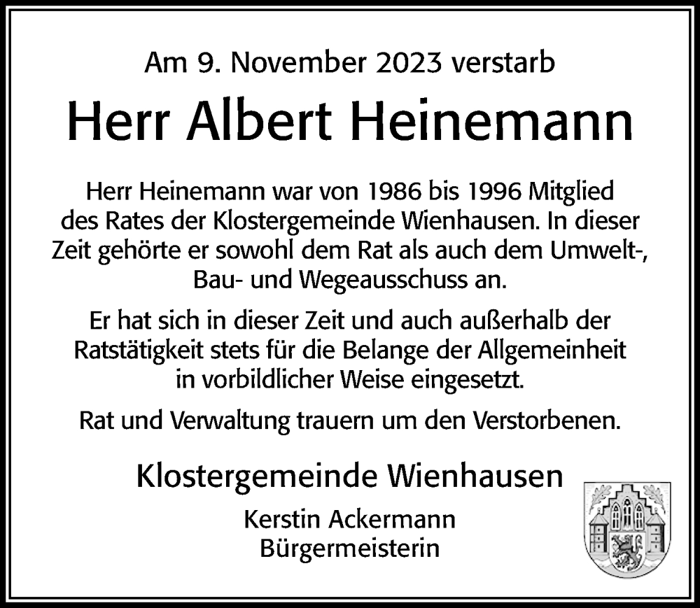  Traueranzeige für Albert Heinemann vom 11.11.2023 aus Cellesche Zeitung