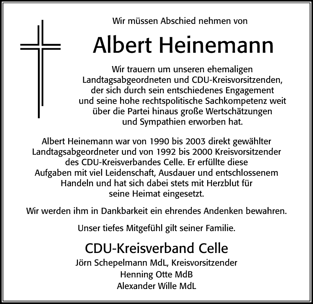  Traueranzeige für Albert Heinemann vom 11.11.2023 aus Cellesche Zeitung