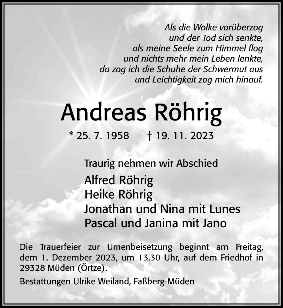  Traueranzeige für Andreas Röhrig vom 25.11.2023 aus Cellesche Zeitung