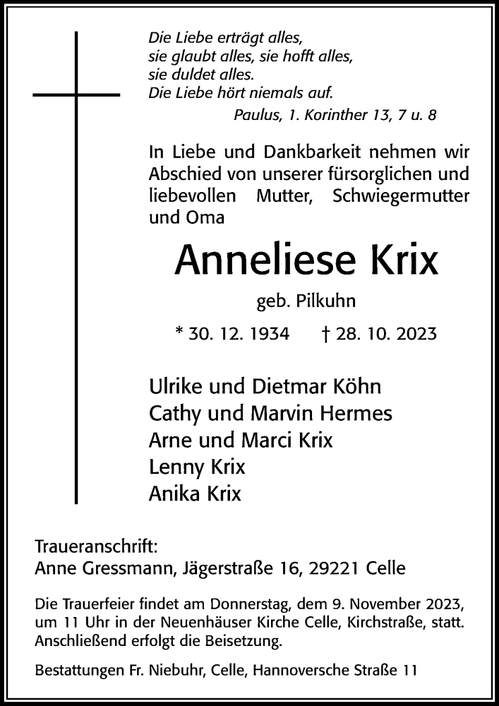  Traueranzeige für Anneliese Krix vom 04.11.2023 aus Cellesche Zeitung