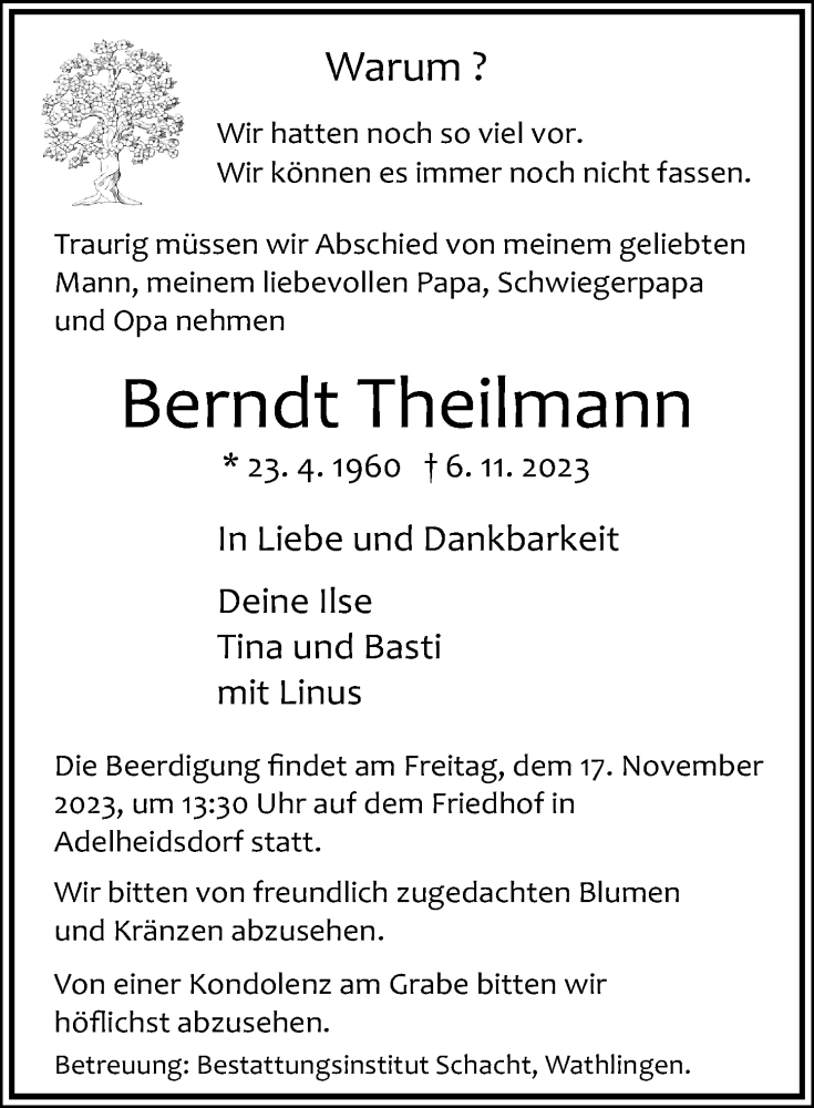  Traueranzeige für Berndt Theilmann vom 11.11.2023 aus Cellesche Zeitung