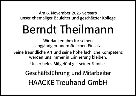 Traueranzeige von Berndt Theilmann von Cellesche Zeitung
