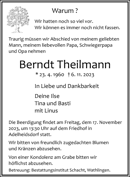 Traueranzeige von Berndt Theilmann von Cellesche Zeitung