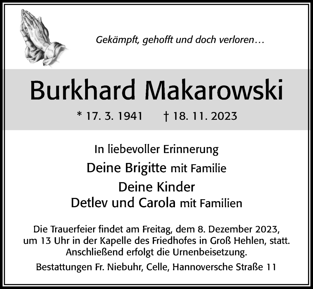  Traueranzeige für Burkhard Makarowski vom 25.11.2023 aus Cellesche Zeitung