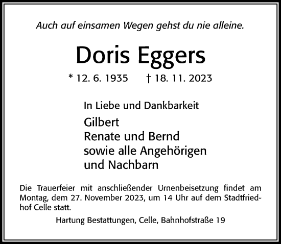 Traueranzeige von Doris Eggers von Cellesche Zeitung