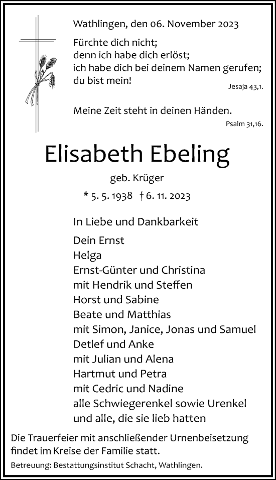 Traueranzeige von Elisabeth Ebeling von Cellesche Zeitung