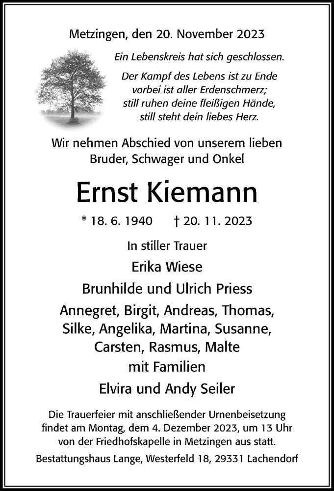  Traueranzeige für Ernst Kiemann vom 25.11.2023 aus Cellesche Zeitung