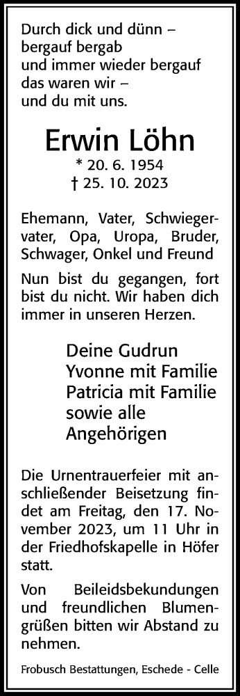 Traueranzeige von Erwin Löhn von Cellesche Zeitung
