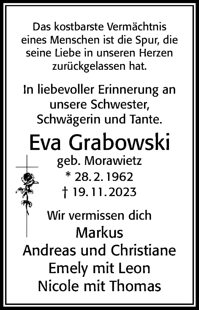  Traueranzeige für Eva Grabowski vom 27.11.2023 aus Cellesche Zeitung