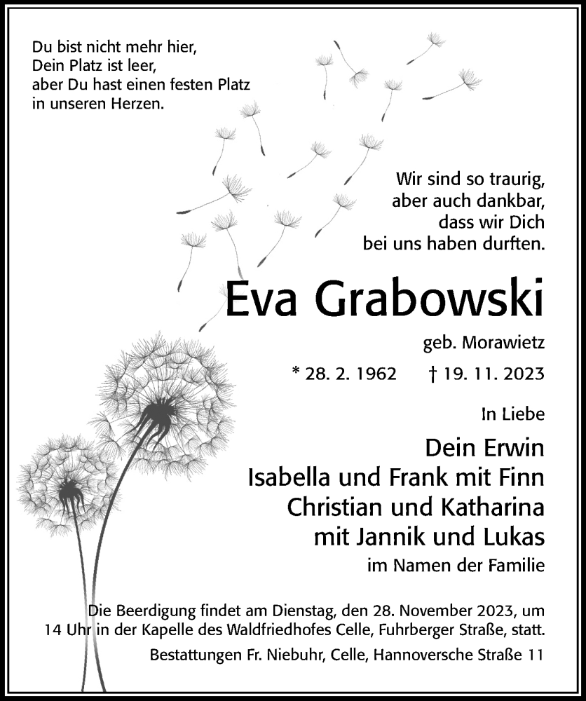  Traueranzeige für Eva Grabowski vom 25.11.2023 aus Cellesche Zeitung