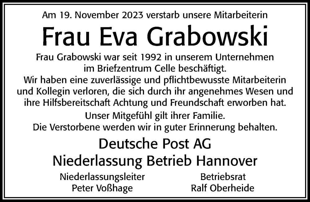  Traueranzeige für Eva Grabowski vom 25.11.2023 aus Cellesche Zeitung