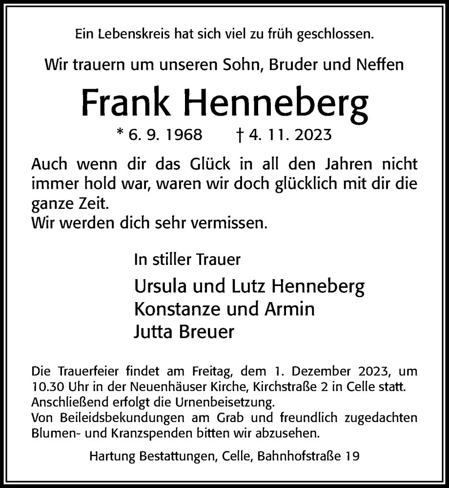  Traueranzeige für Frank Henneberg vom 25.11.2023 aus Cellesche Zeitung