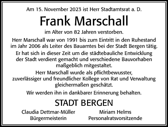 Traueranzeige von Frank Marschall von Cellesche Zeitung