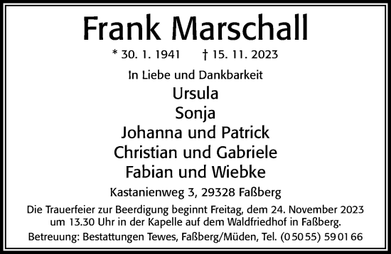 Traueranzeige von Frank Marschall von Cellesche Zeitung
