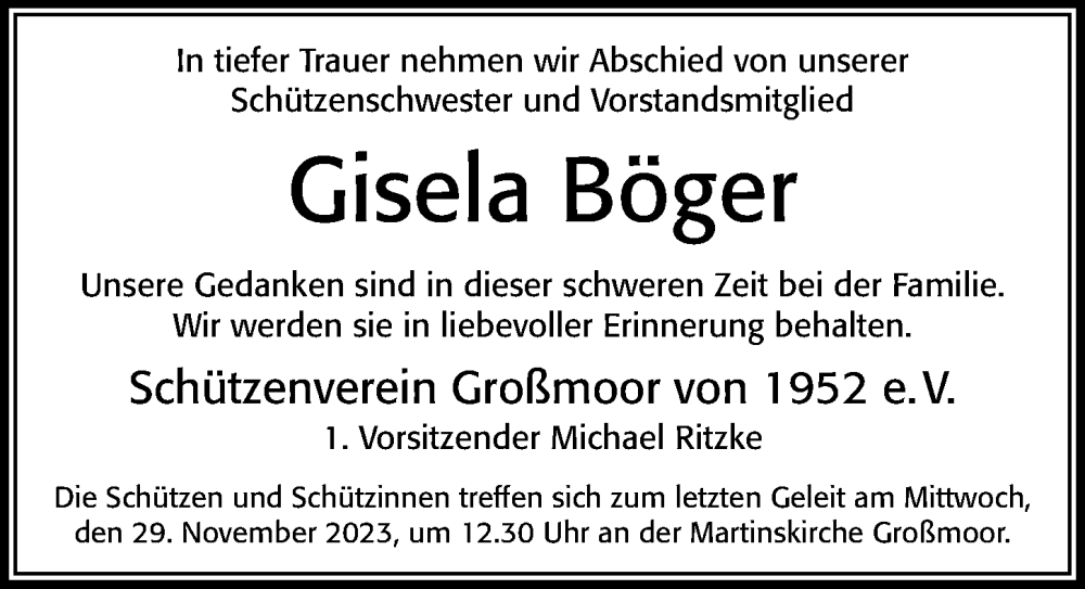  Traueranzeige für Gisela Böger vom 28.11.2023 aus Cellesche Zeitung