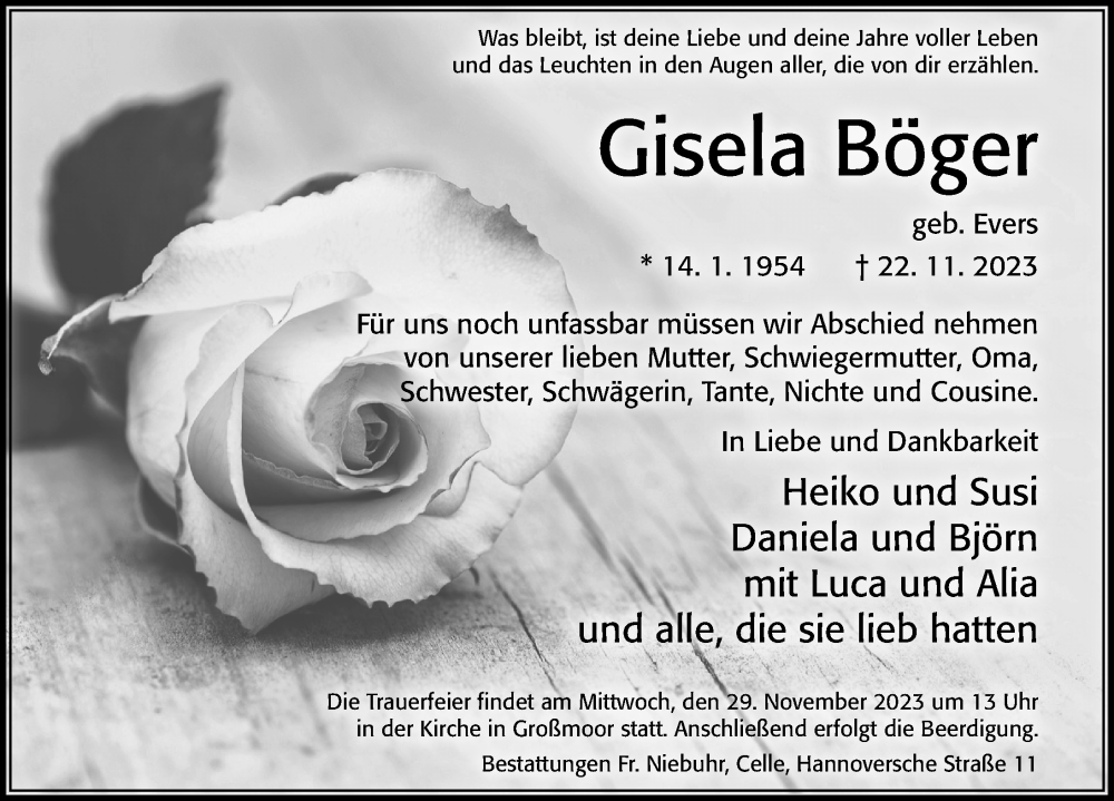  Traueranzeige für Gisela Böger vom 25.11.2023 aus Cellesche Zeitung