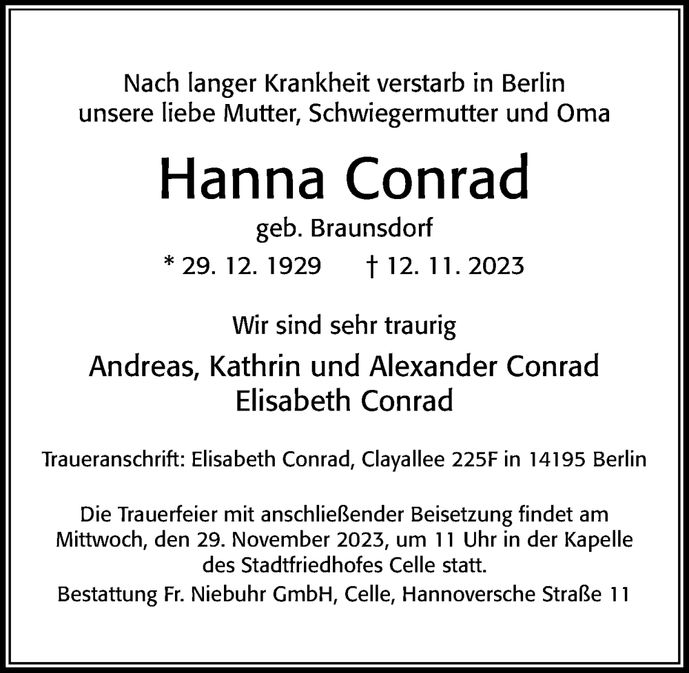  Traueranzeige für Hanna Conrad vom 25.11.2023 aus Cellesche Zeitung