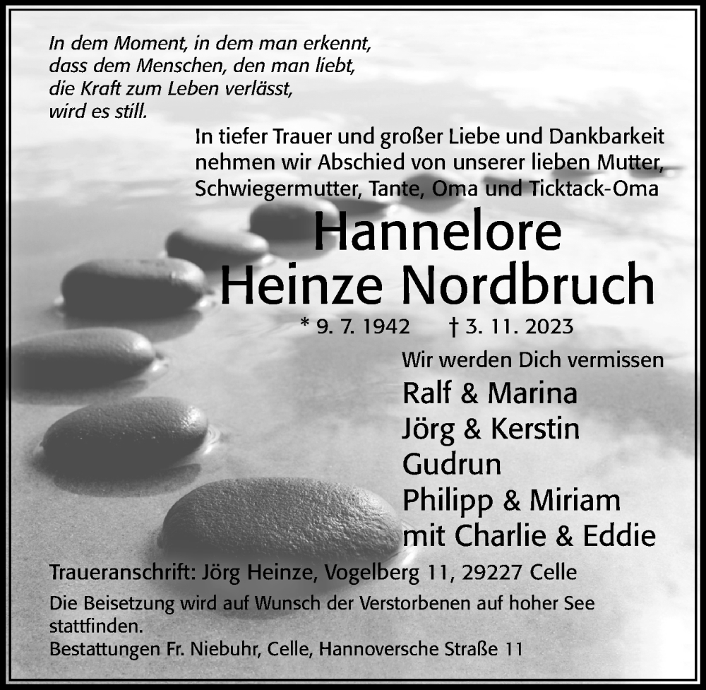  Traueranzeige für Hannelore Heinze Nordbruch vom 11.11.2023 aus Cellesche Zeitung