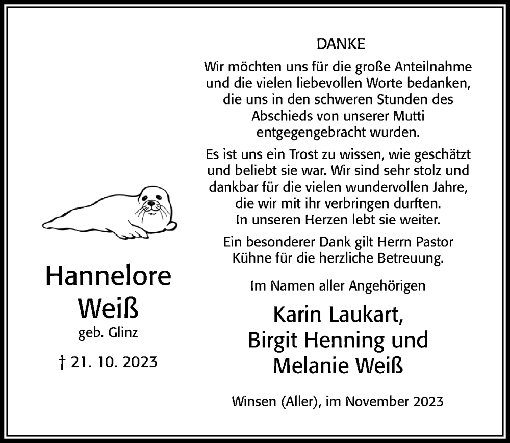  Traueranzeige für Hannelore Weiß vom 25.11.2023 aus Cellesche Zeitung