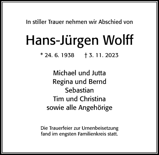 Traueranzeige von Hans-Jürgen Wolff von Cellesche Zeitung