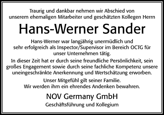 Traueranzeige von Hans-Werner Sander von Cellesche Zeitung