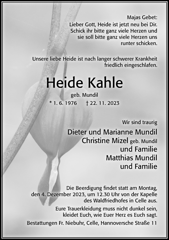  Traueranzeige für Heide Kahle vom 28.11.2023 aus Cellesche Zeitung