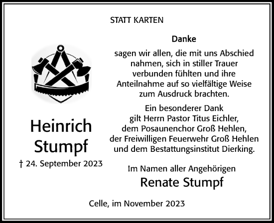 Traueranzeige von Heinrich Stumpf von Cellesche Zeitung