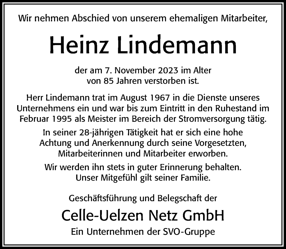  Traueranzeige für Heinz Lindemann vom 14.11.2023 aus Cellesche Zeitung