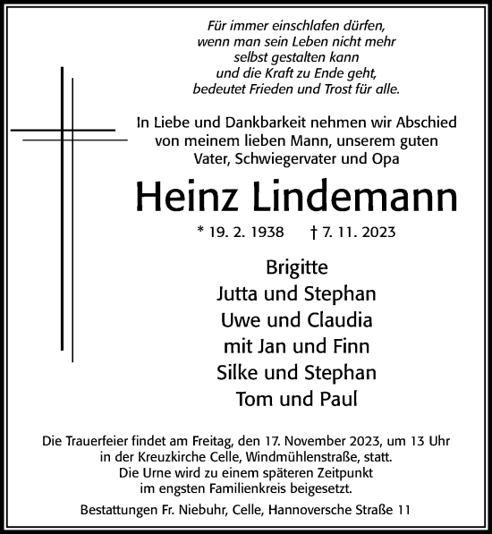 Traueranzeige von Heinz Lindemann von Cellesche Zeitung