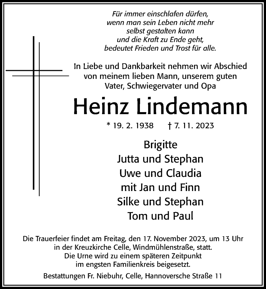  Traueranzeige für Heinz Lindemann vom 11.11.2023 aus Cellesche Zeitung
