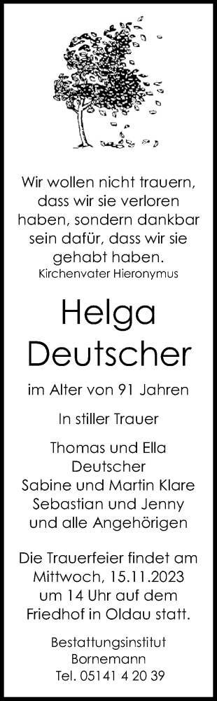 Traueranzeige von Helga Deutscher von Cellesche Zeitung