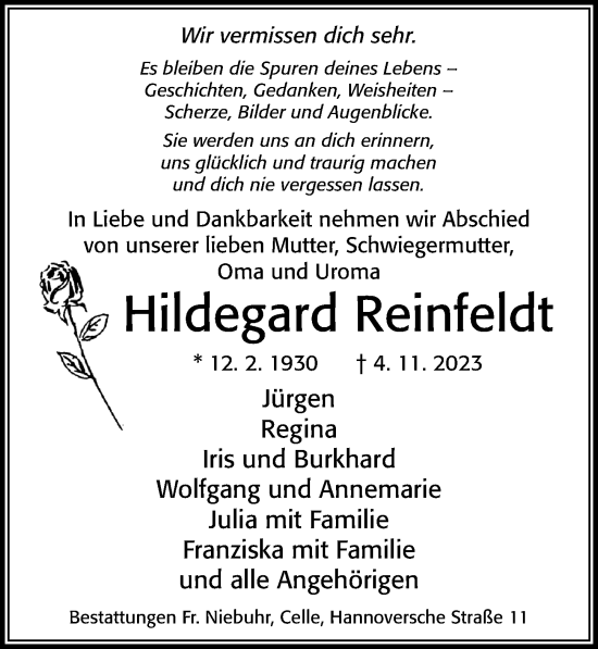 Traueranzeige von Hildegard Reinfeldt von Cellesche Zeitung