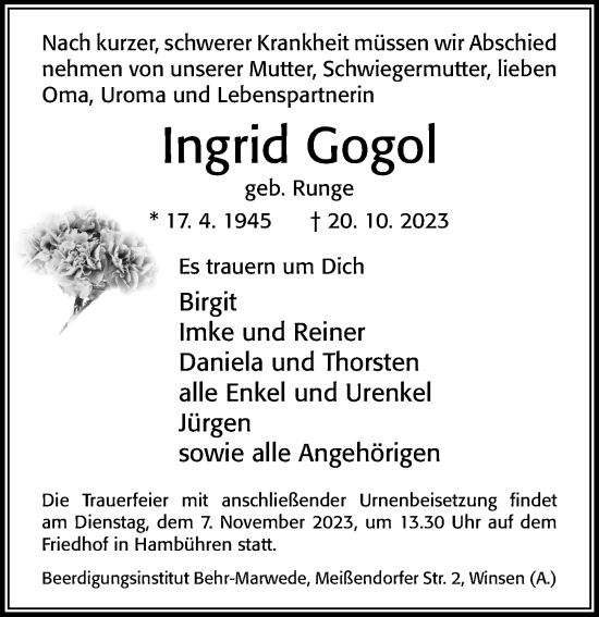 Traueranzeige von Ingrid Gogol von Cellesche Zeitung
