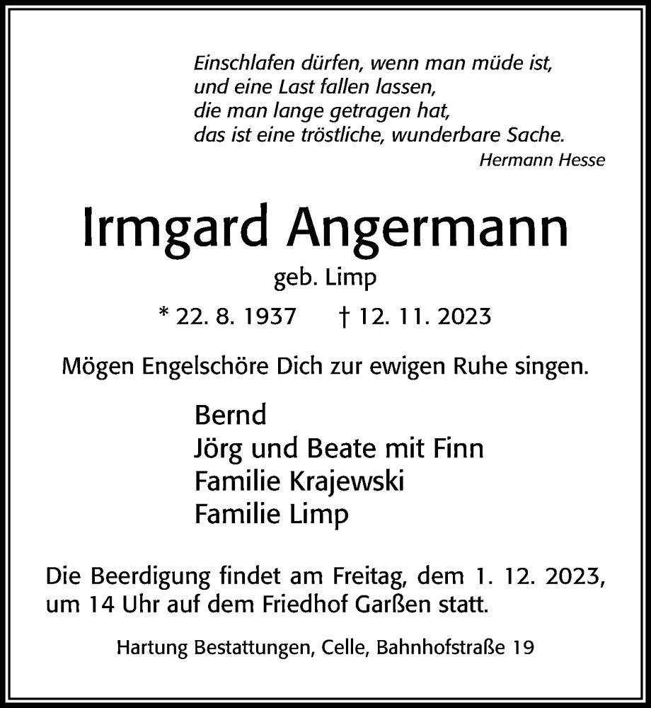  Traueranzeige für Irmgard Angermann vom 25.11.2023 aus Cellesche Zeitung