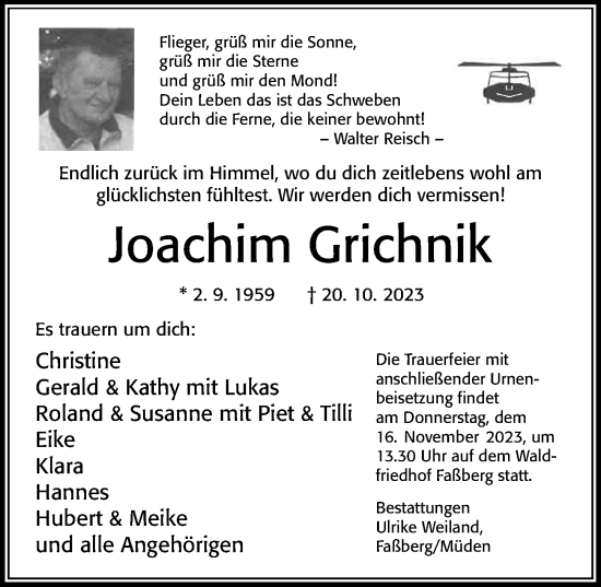 Traueranzeige von Joachim Grichnik von Cellesche Zeitung