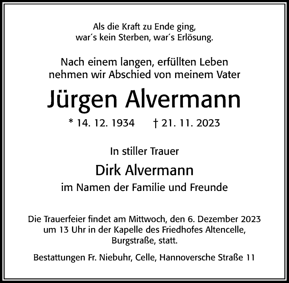  Traueranzeige für Jürgen Alvermann vom 25.11.2023 aus Cellesche Zeitung