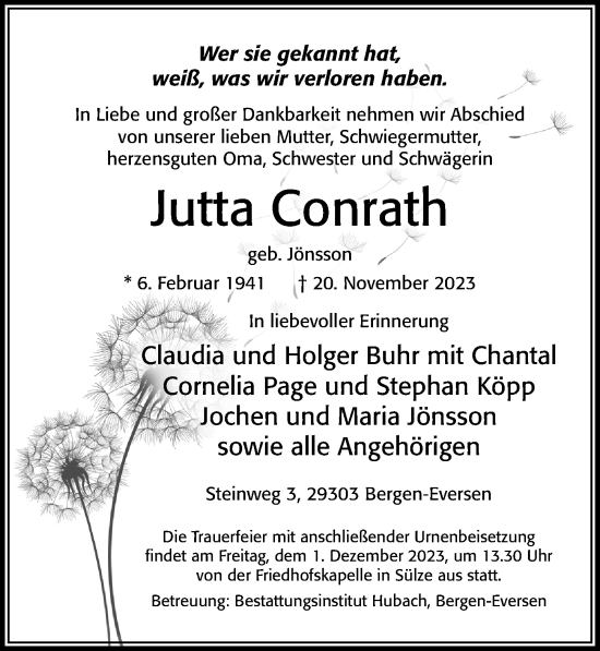 Traueranzeige von Jutta Conrath von Cellesche Zeitung