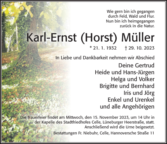 Traueranzeige von Karl-Ernst Müller von Cellesche Zeitung