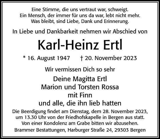 Traueranzeige von Karl-Heinz Ertl von Cellesche Zeitung