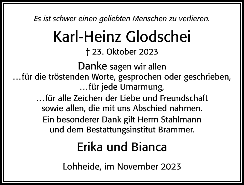  Traueranzeige für Karl-Heinz Glodschei vom 25.11.2023 aus Cellesche Zeitung