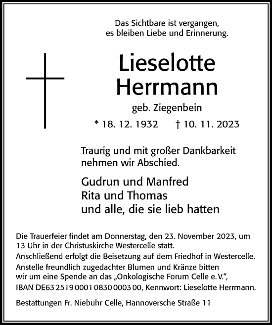 Traueranzeige von Lieselotte Herrmann von Cellesche Zeitung