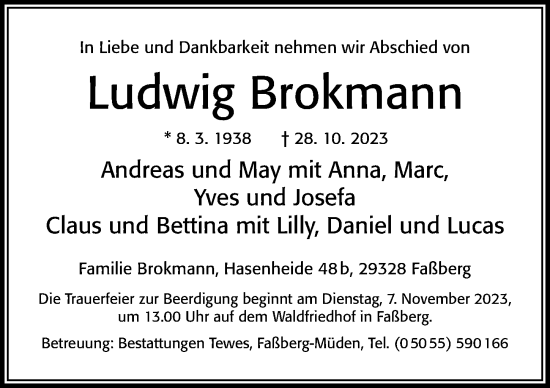 Traueranzeige von Ludwig Brokmann von Cellesche Zeitung