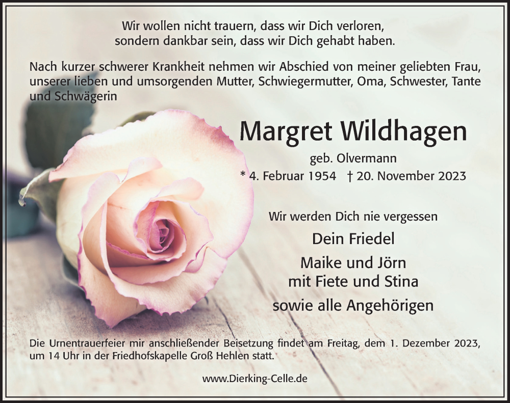  Traueranzeige für Margret Wildhagen vom 25.11.2023 aus Cellesche Zeitung