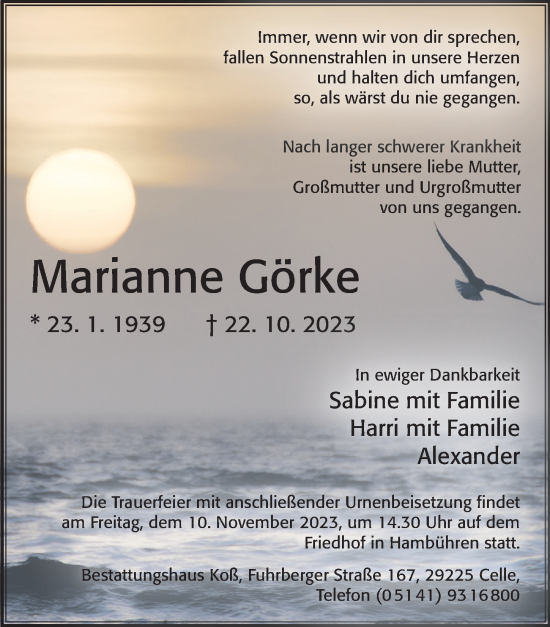 Traueranzeige von Marianne Görke von Cellesche Zeitung