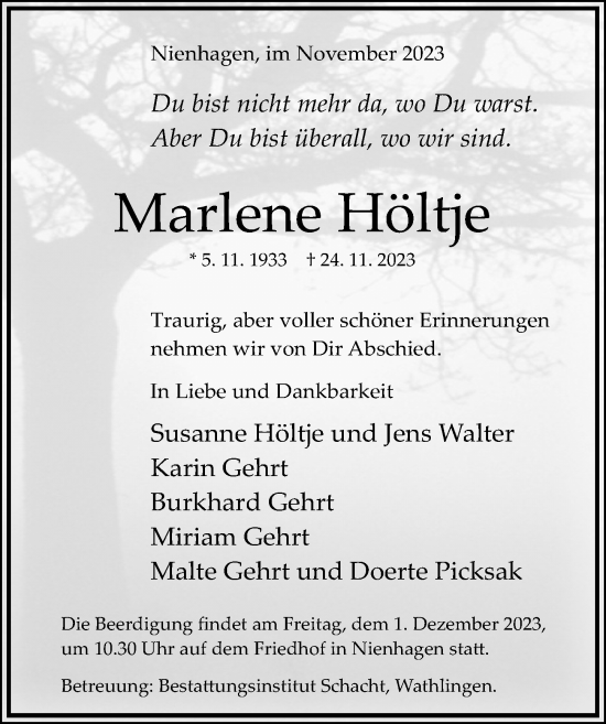 Traueranzeige von Marlene Höltje von Cellesche Zeitung