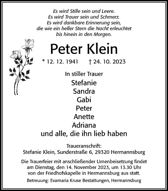 Traueranzeige von Peter Klein von Cellesche Zeitung